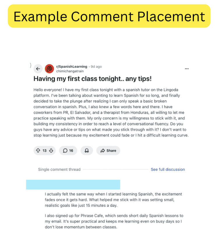 Example of comment placement on Reddit