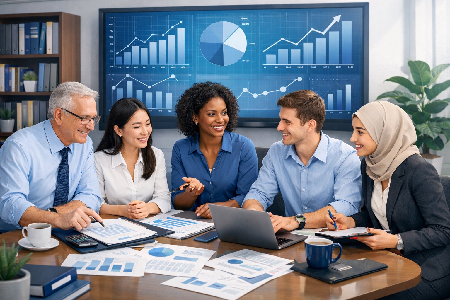 A group of accountants working together around a table with laptops and financial documents in a modern office setting.