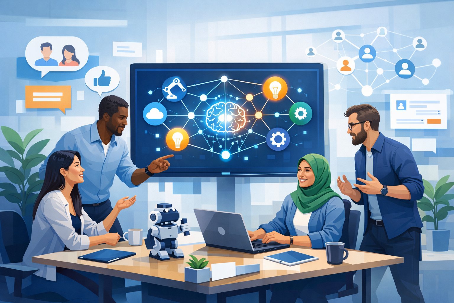 A group of people collaborating around a digital screen showing AI-related icons and network connections in a modern workspace.