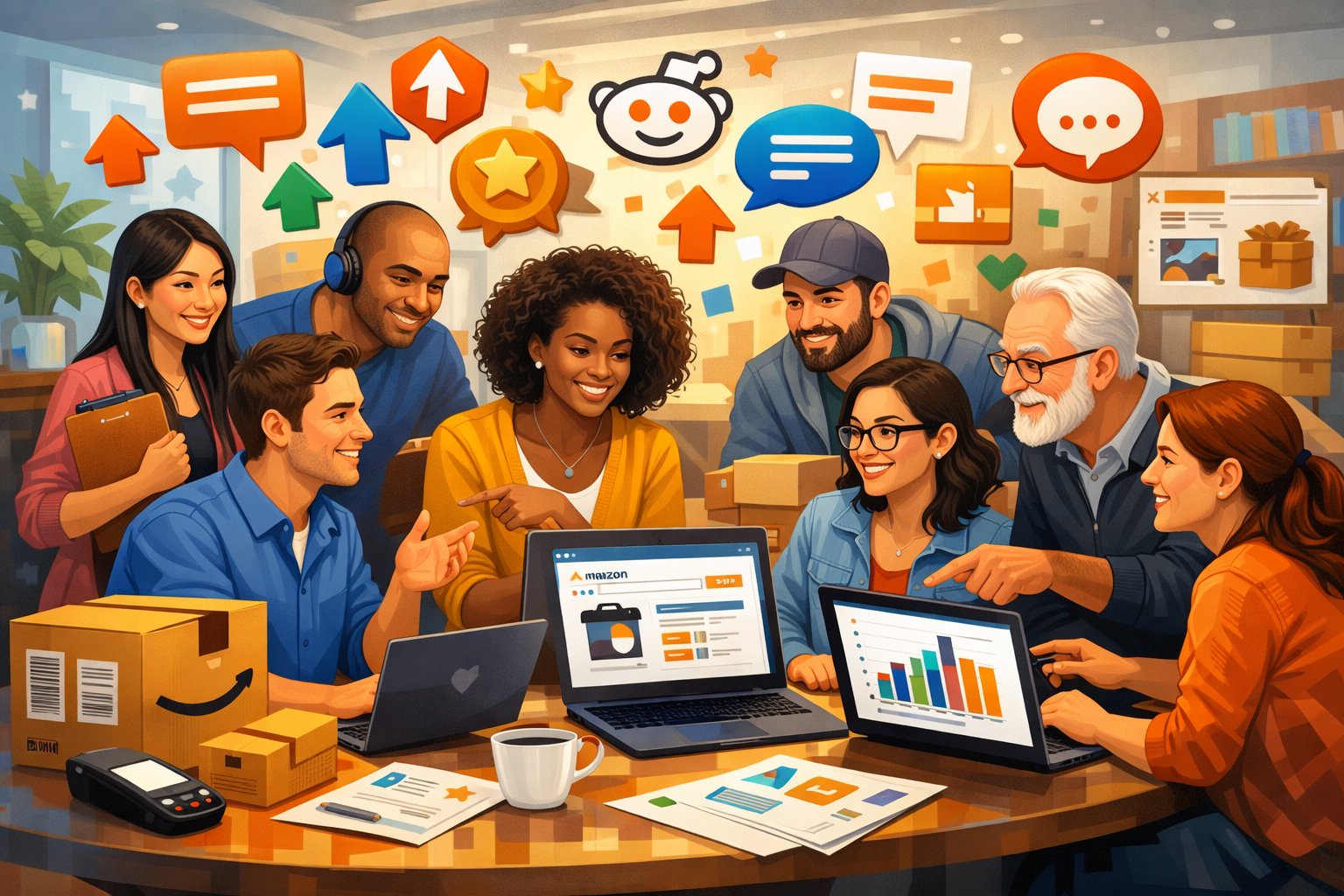 A group of diverse people working together with laptops and digital devices surrounded by e-commerce and online community symbols.