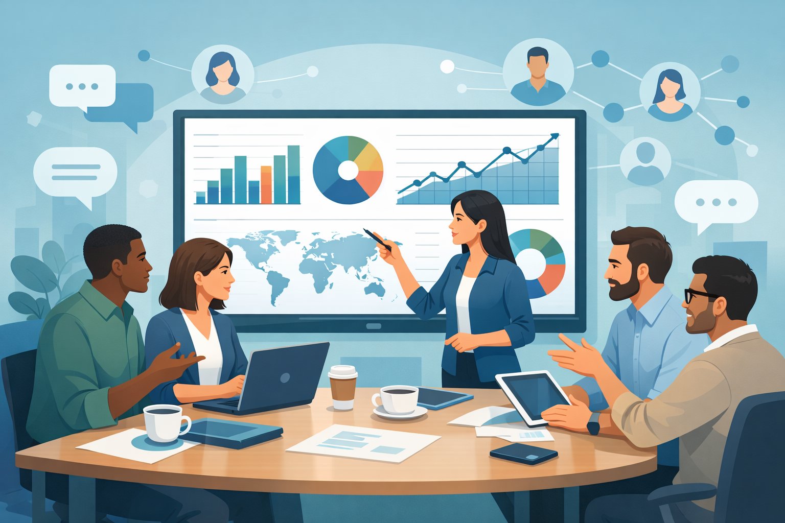 A group of professionals working together around a table with digital screens showing charts and data, surrounded by icons representing online communities.