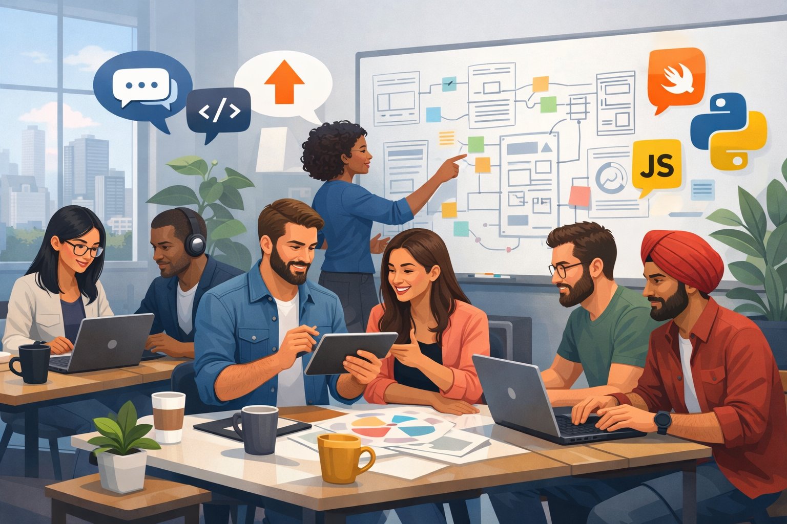 A group of diverse app developers working together in a modern office, coding on laptops and discussing app designs.