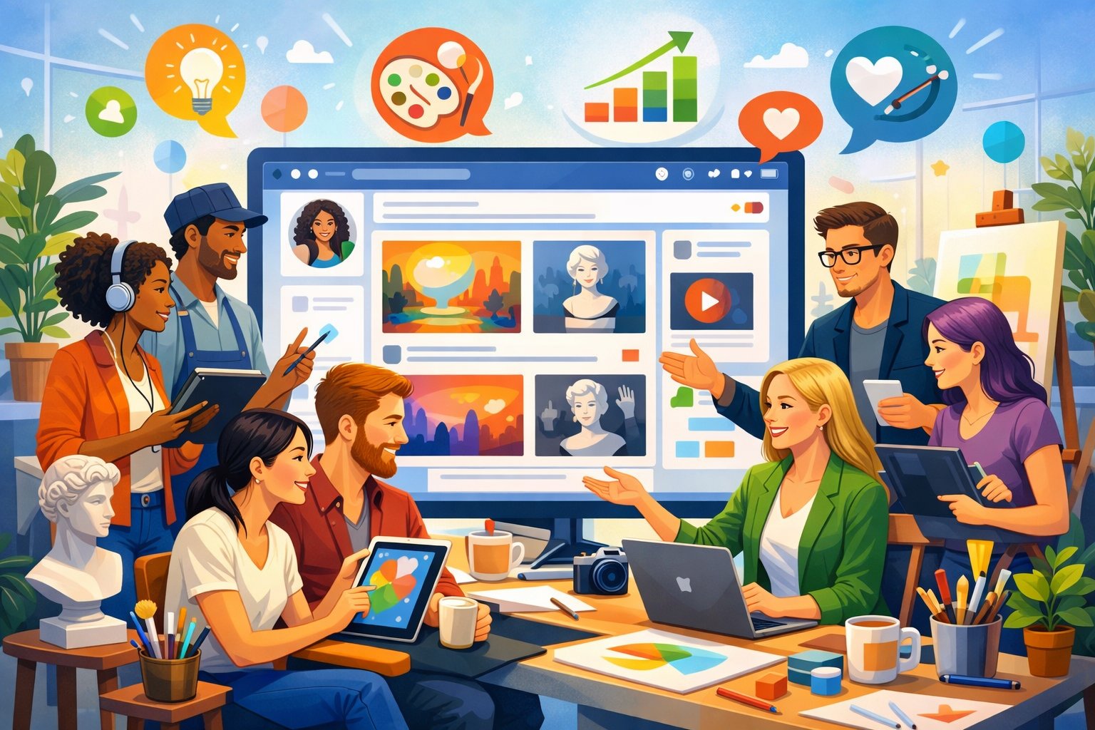 People collaborating around a large digital screen with art tools and creative items in a bright workspace, representing an online community for art businesses.