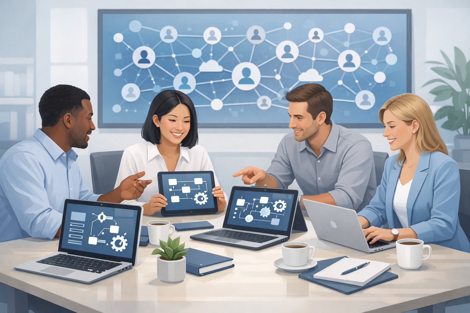 A group of professionals collaborating around a table with digital devices showing automation and network icons in a bright, modern workspace.