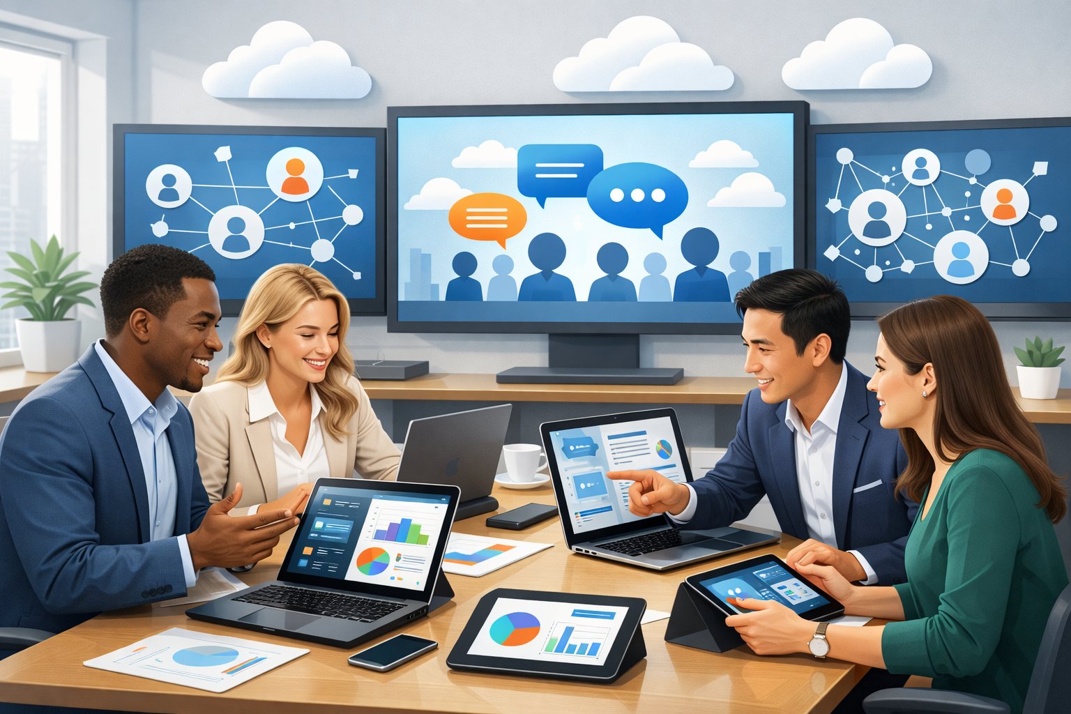 A group of business professionals working together around a table with laptops and digital devices, surrounded by screens showing abstract icons representing online communities and software.