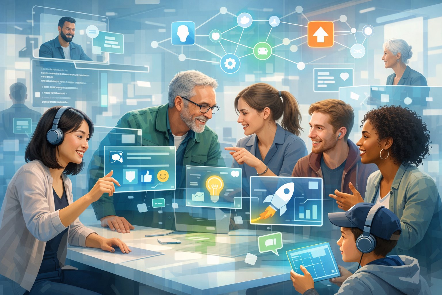 A group of diverse people interacting with futuristic screens and holograms in a bright, modern workspace symbolizing an online beta user community.