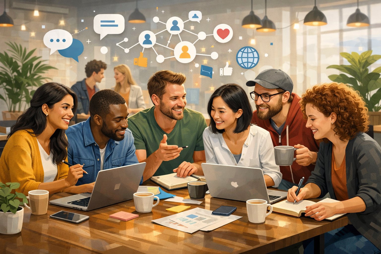 A group of diverse entrepreneurs collaborating around a table with laptops and notebooks in a bright co-working space.