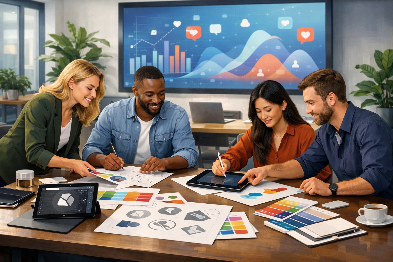 A group of professionals collaborating around a table with branding materials and digital devices in a modern office setting.