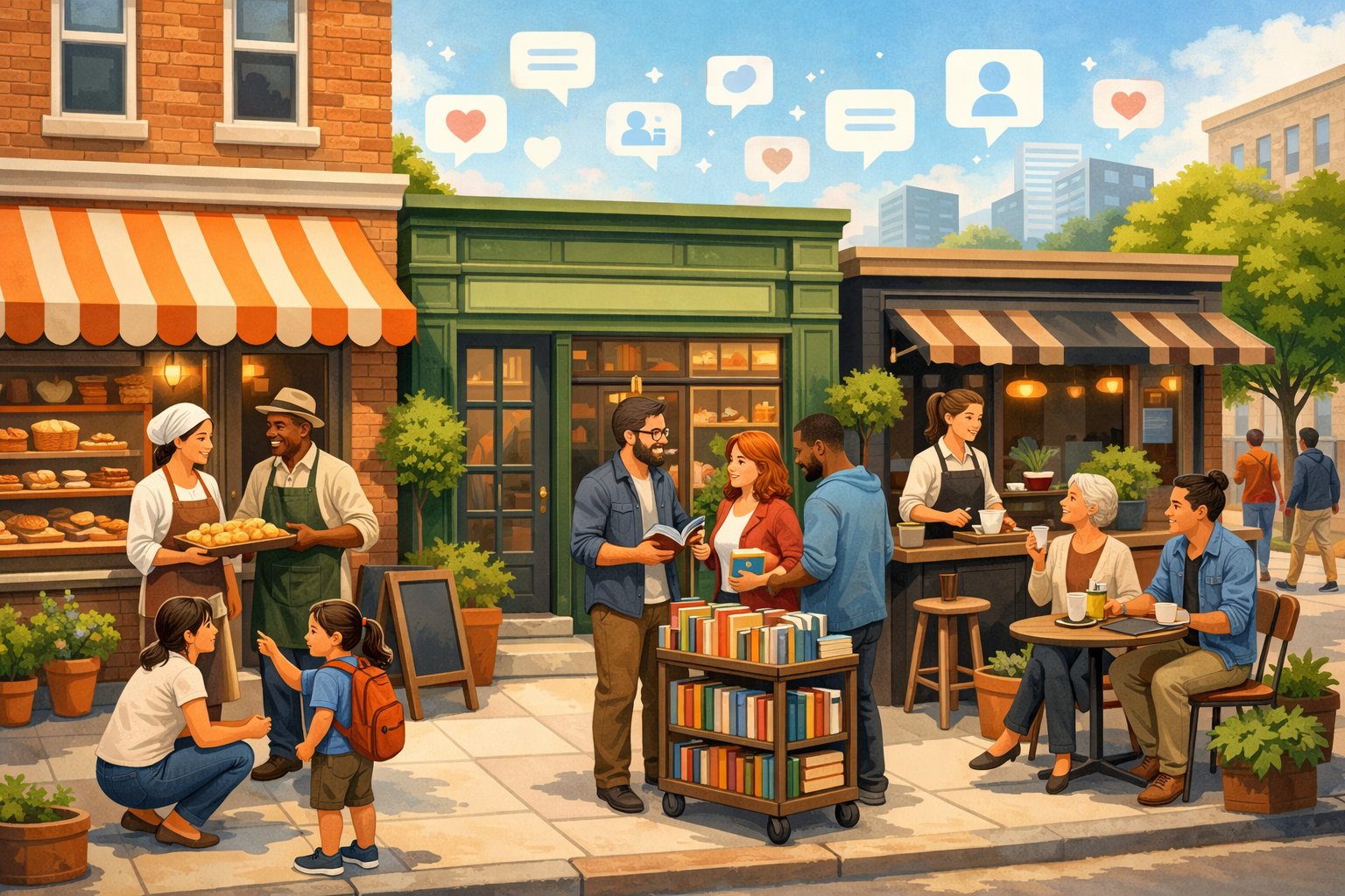 A lively street with various small shops and business owners interacting with customers, showing a strong community atmosphere.
