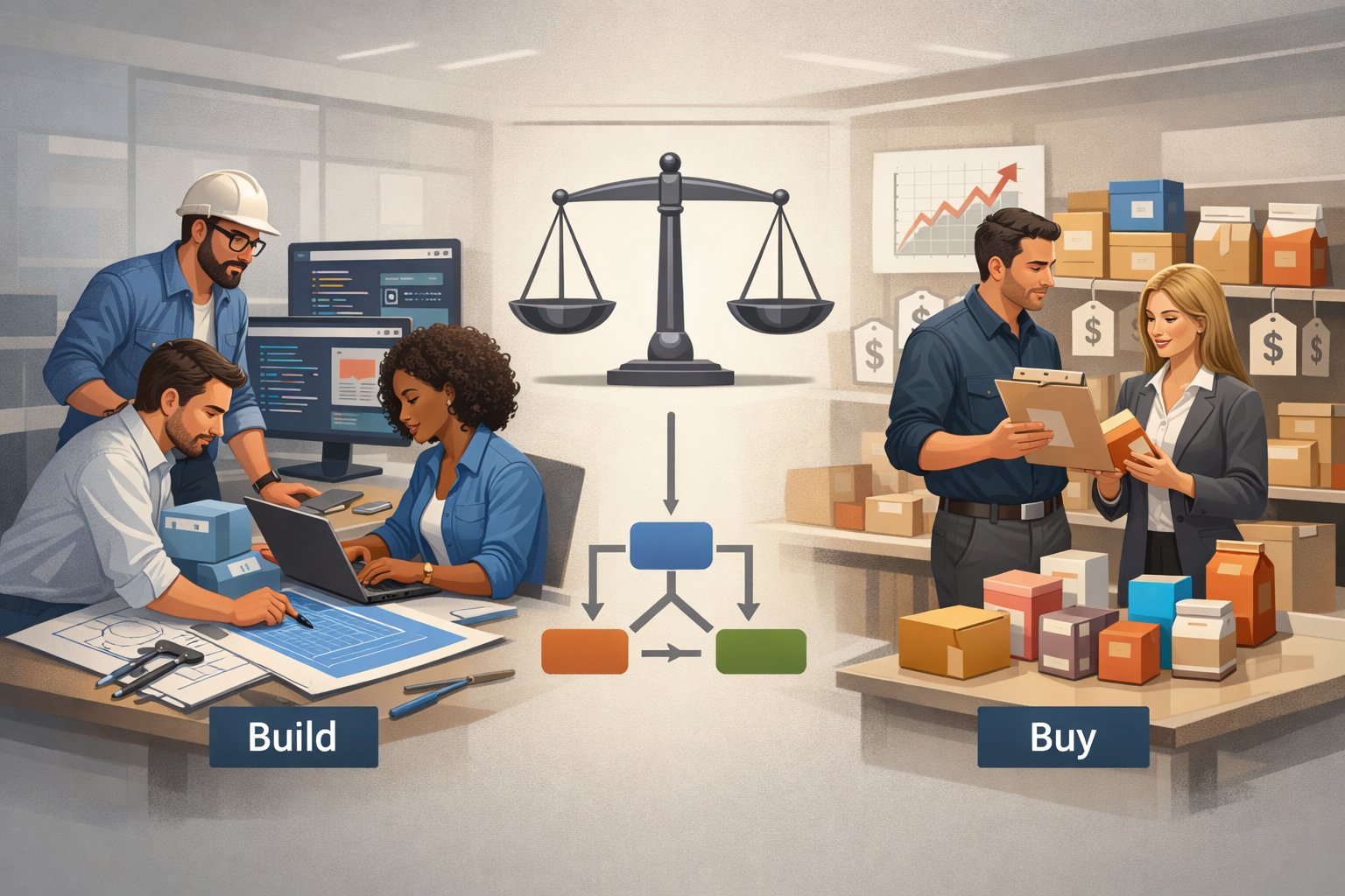 Two groups of professionals comparing building a project with buying ready-made products, connected by a balanced scale in a modern office setting.