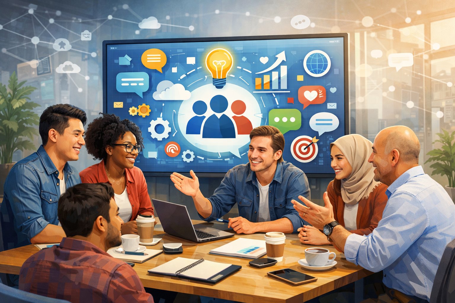 A group of diverse people collaborating around a table with laptops and a large screen showing business and community symbols in a modern workspace.