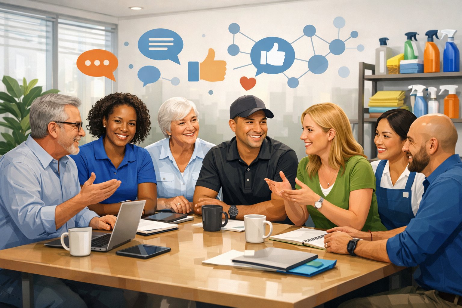A group of diverse cleaning business owners collaborating around a table with laptops and cleaning supplies in a bright office.