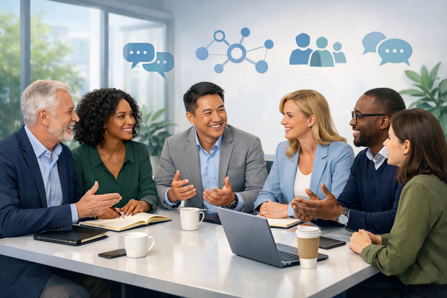 A group of diverse coaches and consultants collaborating around a conference table in a bright office with laptops and notebooks, surrounded by abstract icons representing online communities.