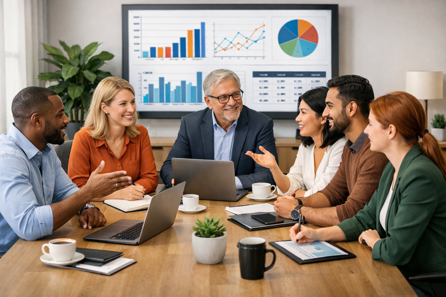 A group of consultants collaborating around a conference table with laptops and charts in a modern office.