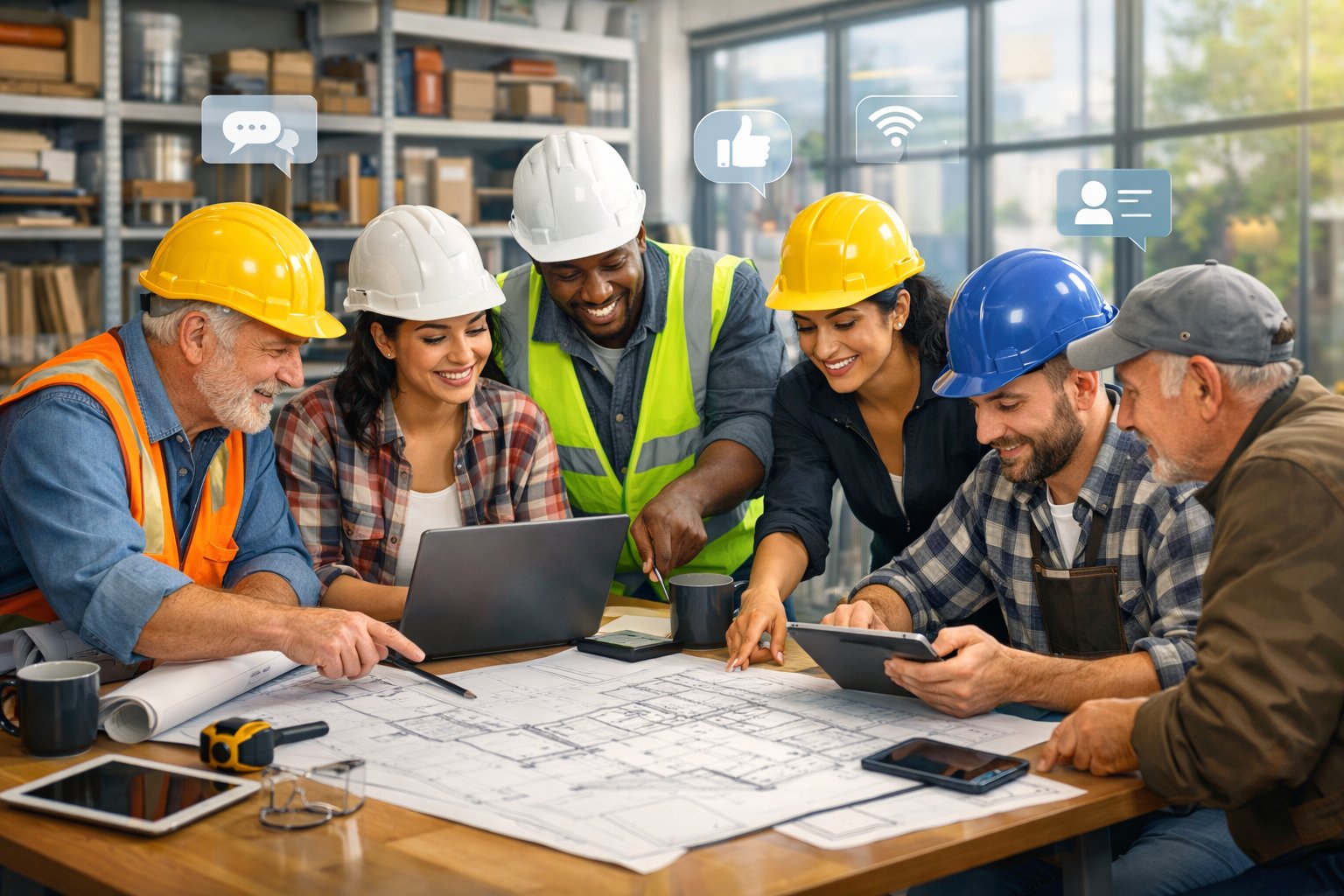 A group of contractors in work attire collaborating around a table with blueprints and laptops in a bright, organized workspace.