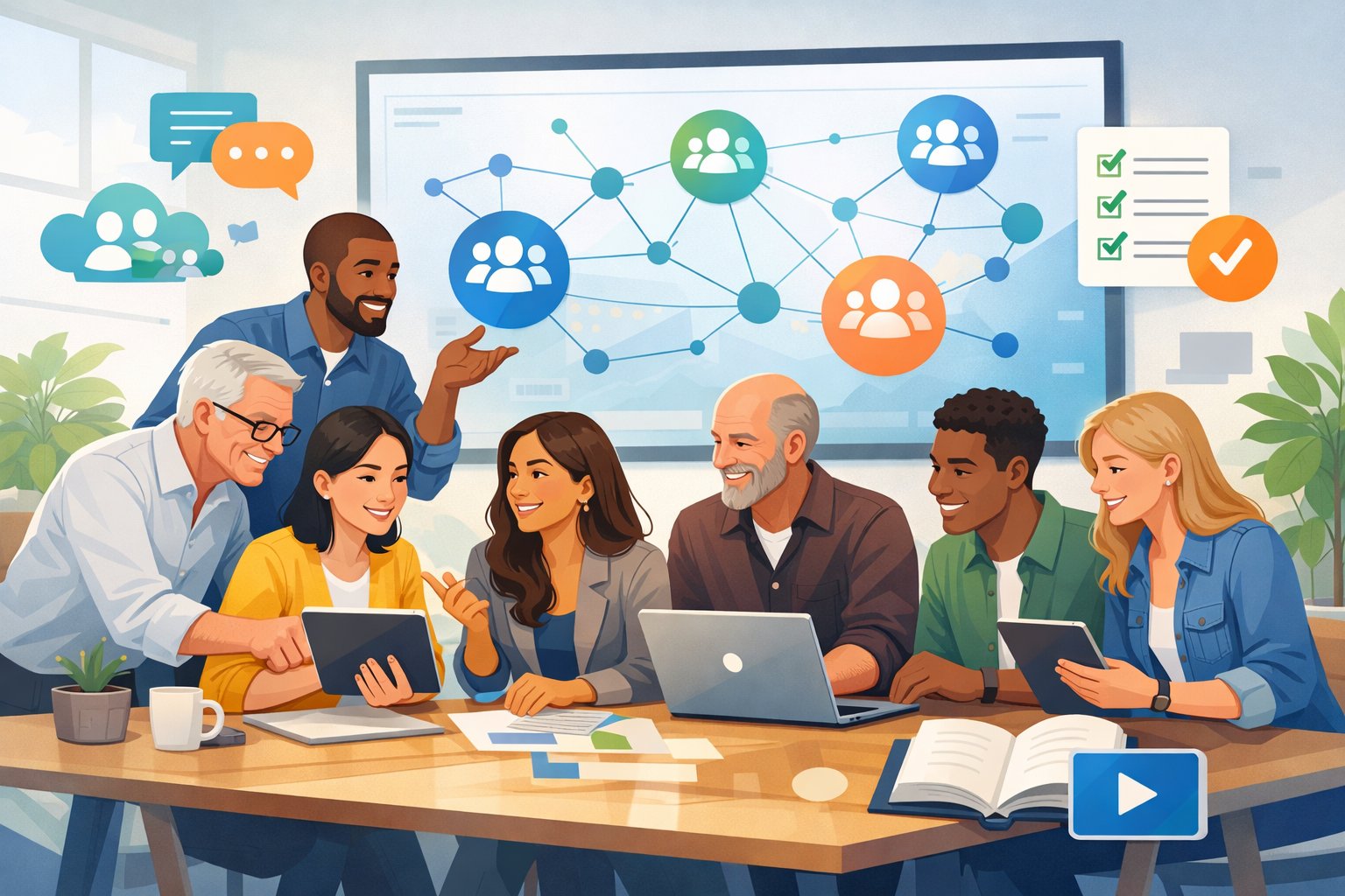 A group of diverse people collaborating in a bright workspace with digital icons representing online communities and learning around them.