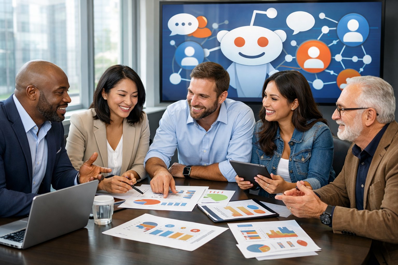 A group of business owners collaborating around a table with laptops and charts in a bright office, discussing ideas related to consumer packaged goods.