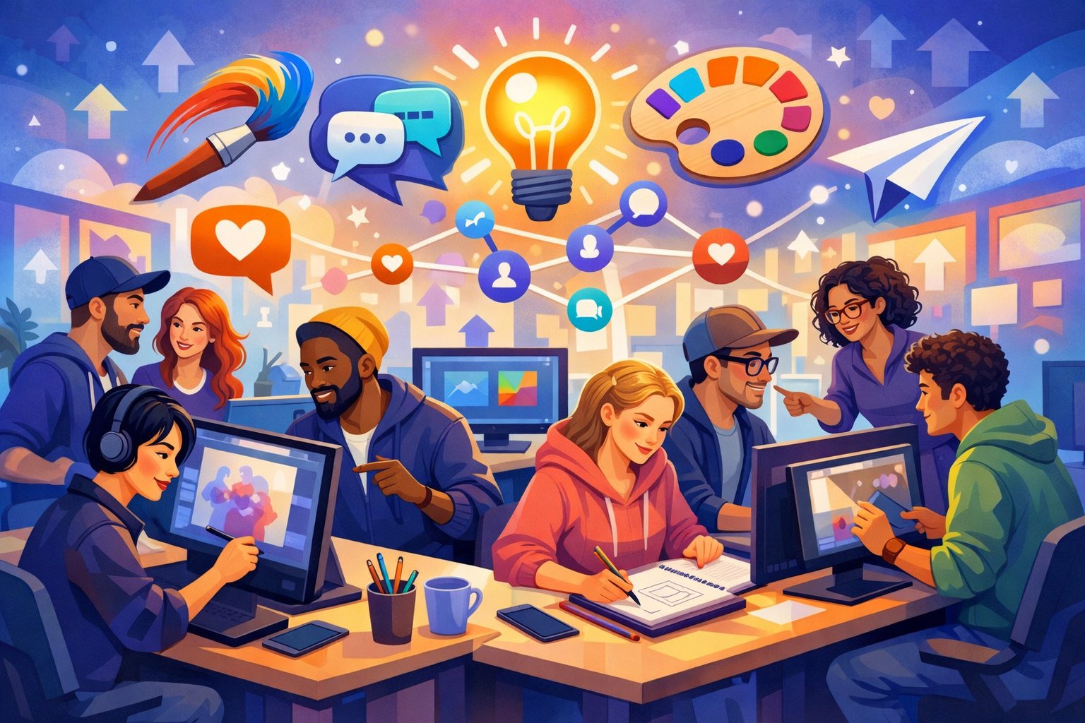A group of creative professionals working together in a studio surrounded by digital icons representing collaboration and online communities.