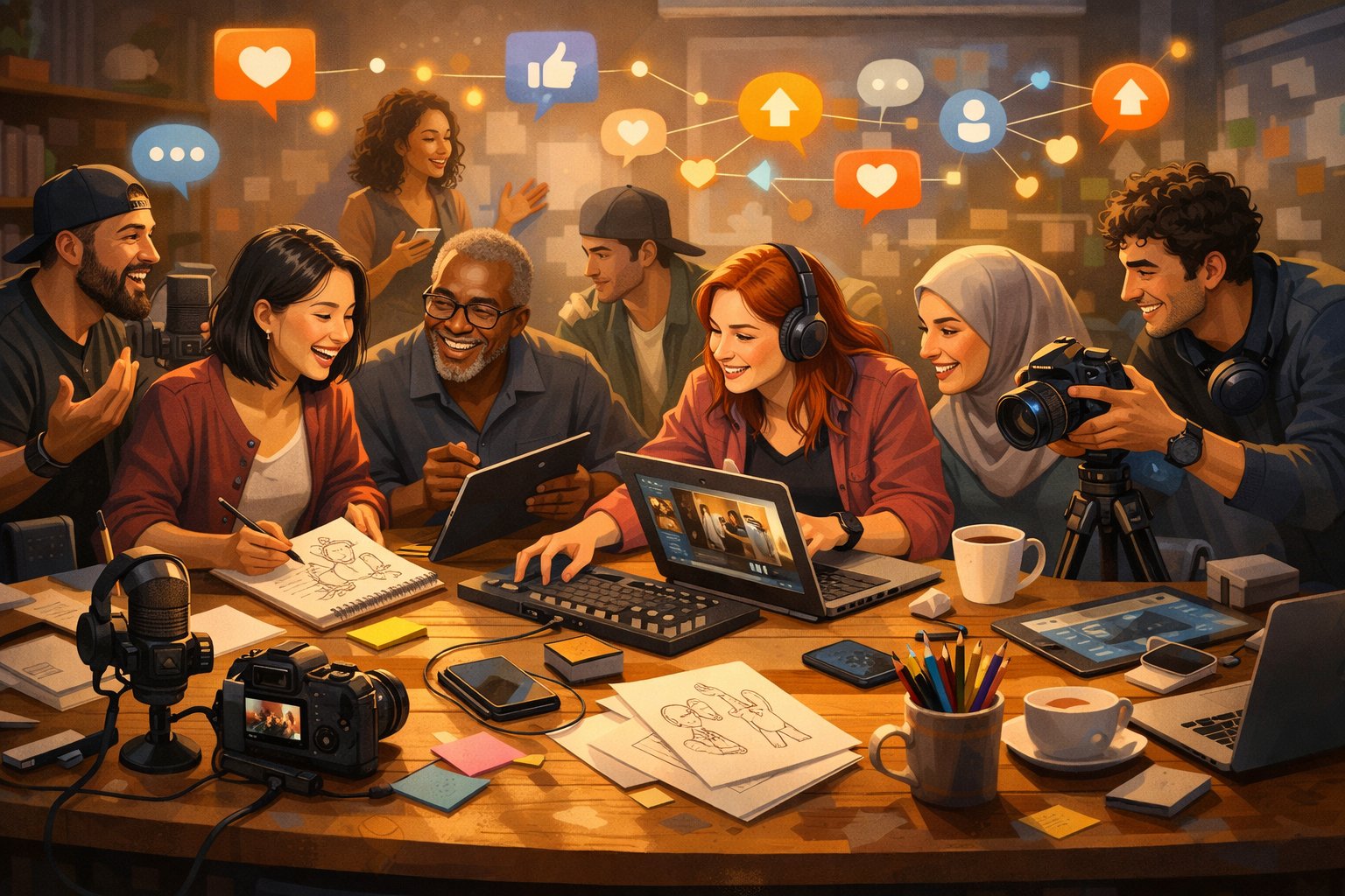 A group of diverse creators working together around a table filled with creative tools, sharing ideas and collaborating in a lively workspace.