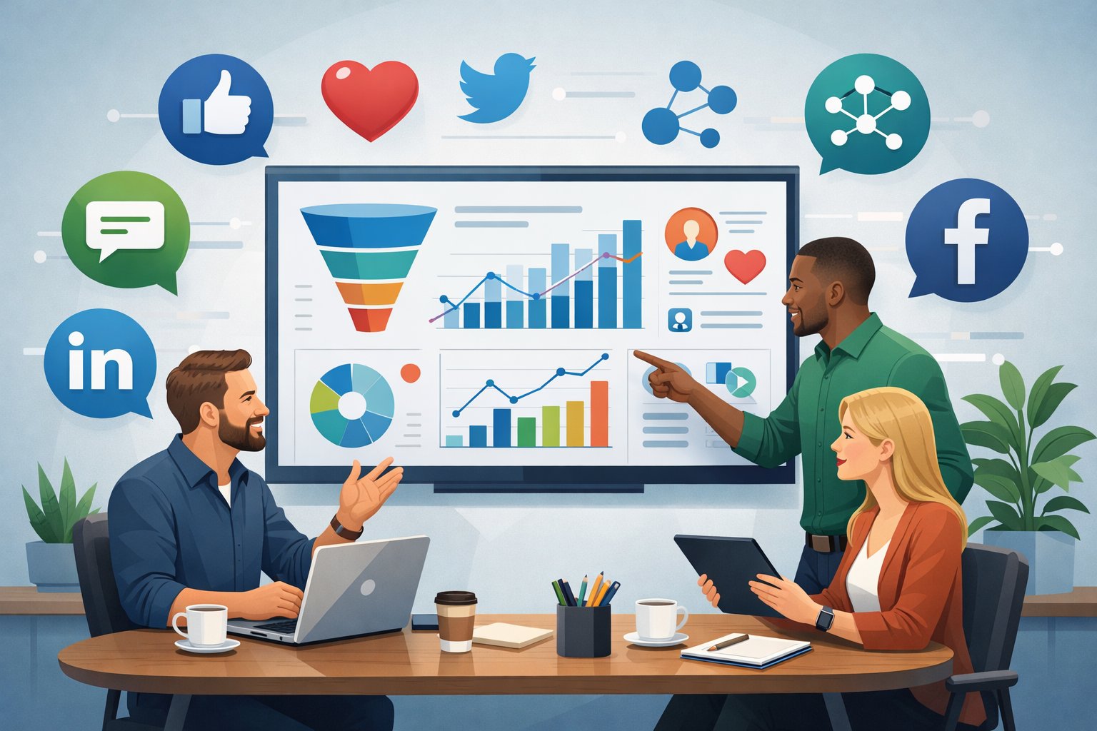 A group of professionals collaborating around a large digital screen showing data charts and icons representing online communities in a modern office setting.