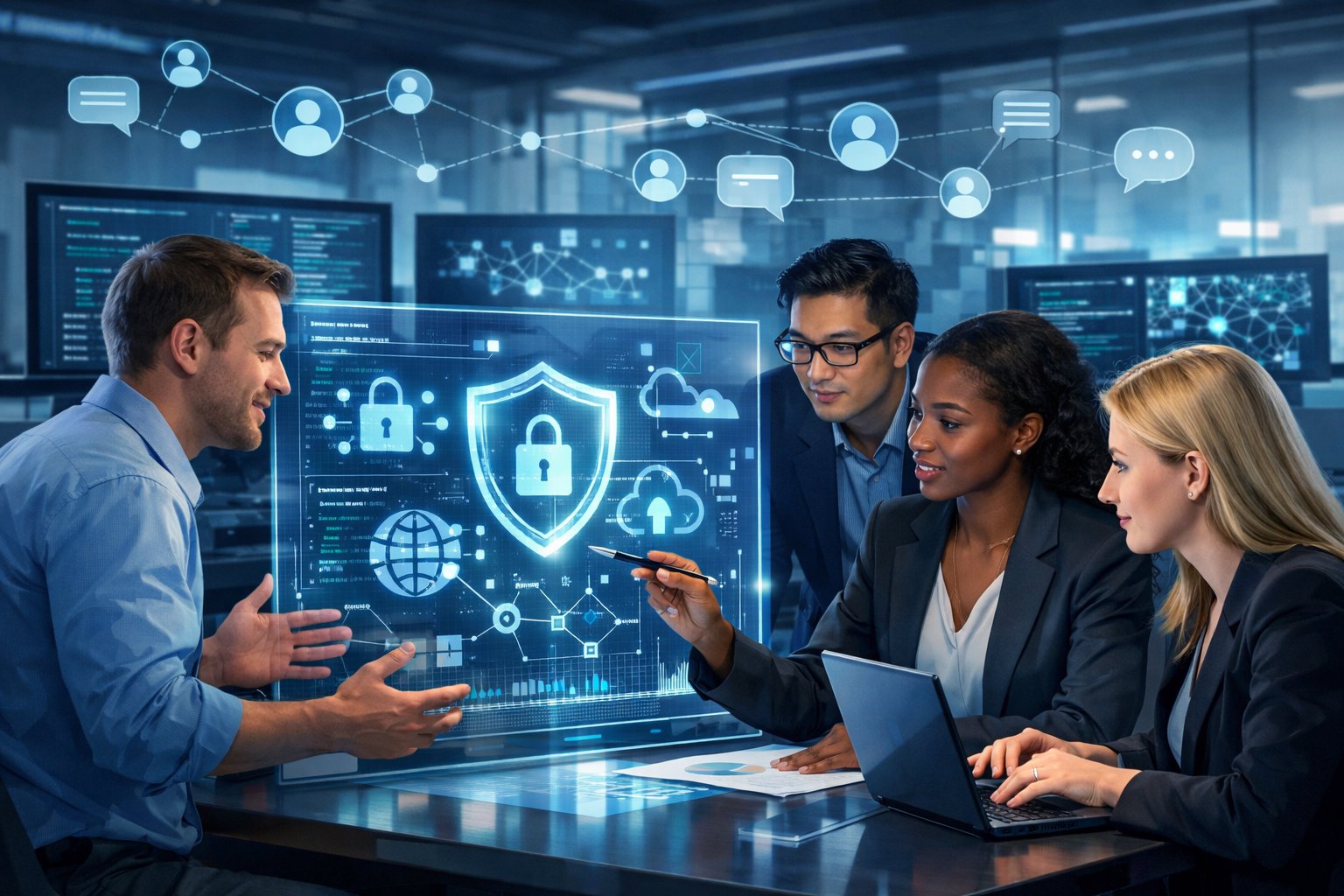 A group of professionals working together in a modern office with digital screens showing cybersecurity icons and network connections.