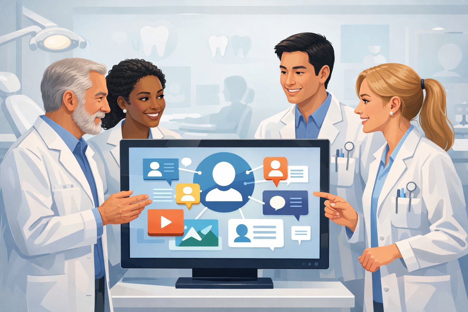A group of dentists in white coats gathered around a digital screen in a dental clinic, collaborating and discussing.