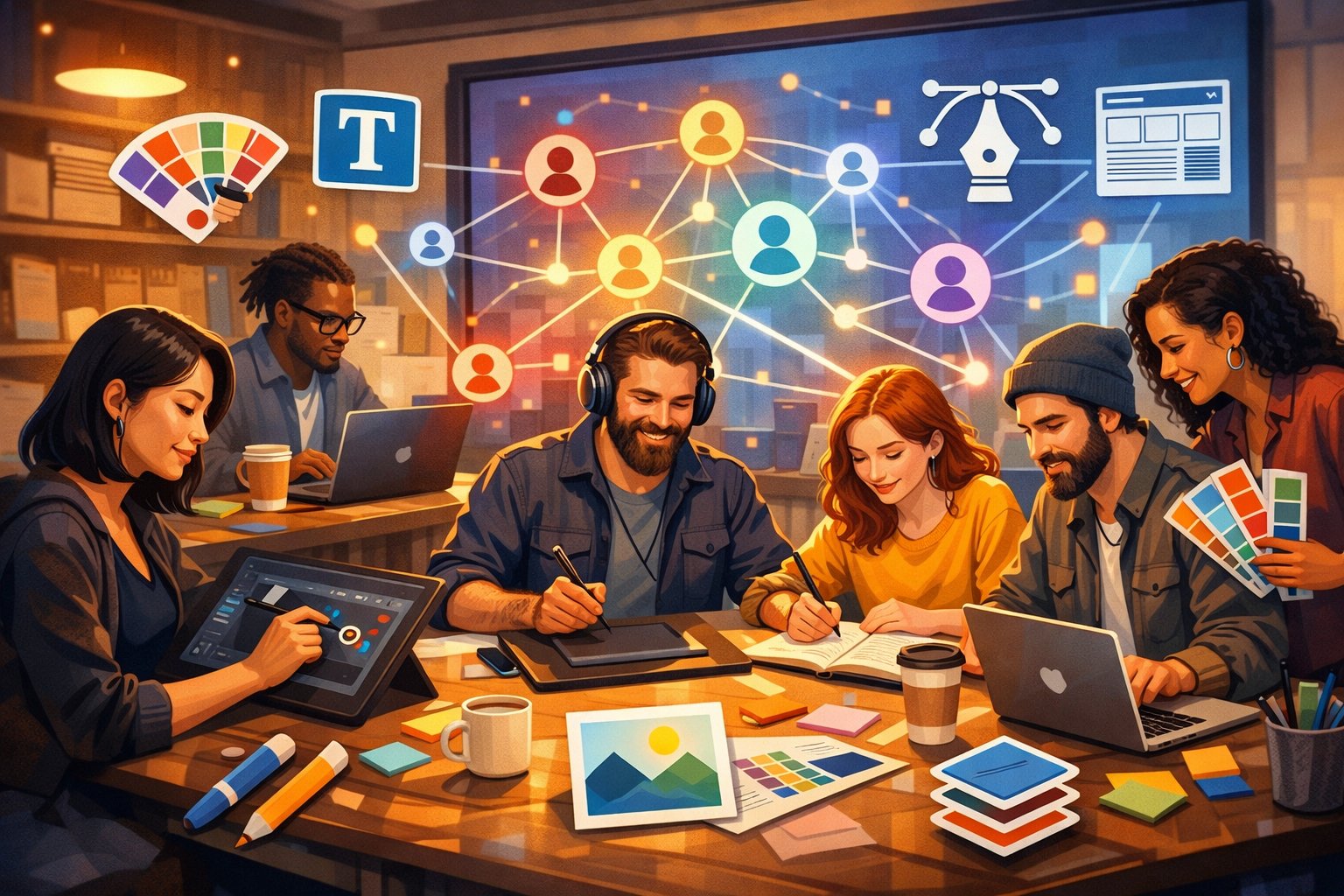 A group of designers working together with digital tools and creative materials in a modern workspace, surrounded by symbols representing design and community connections.