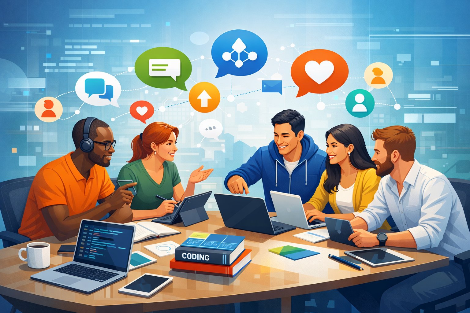 A group of developers working together around a table with laptops and digital icons floating above them, symbolizing online community and collaboration.