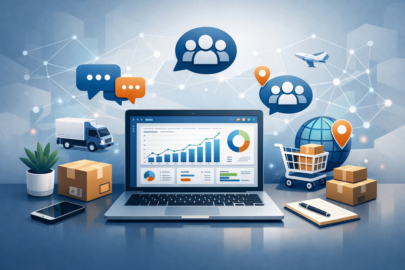 A modern workspace with a laptop showing charts and e-commerce icons surrounded by symbols representing online communities and networking.