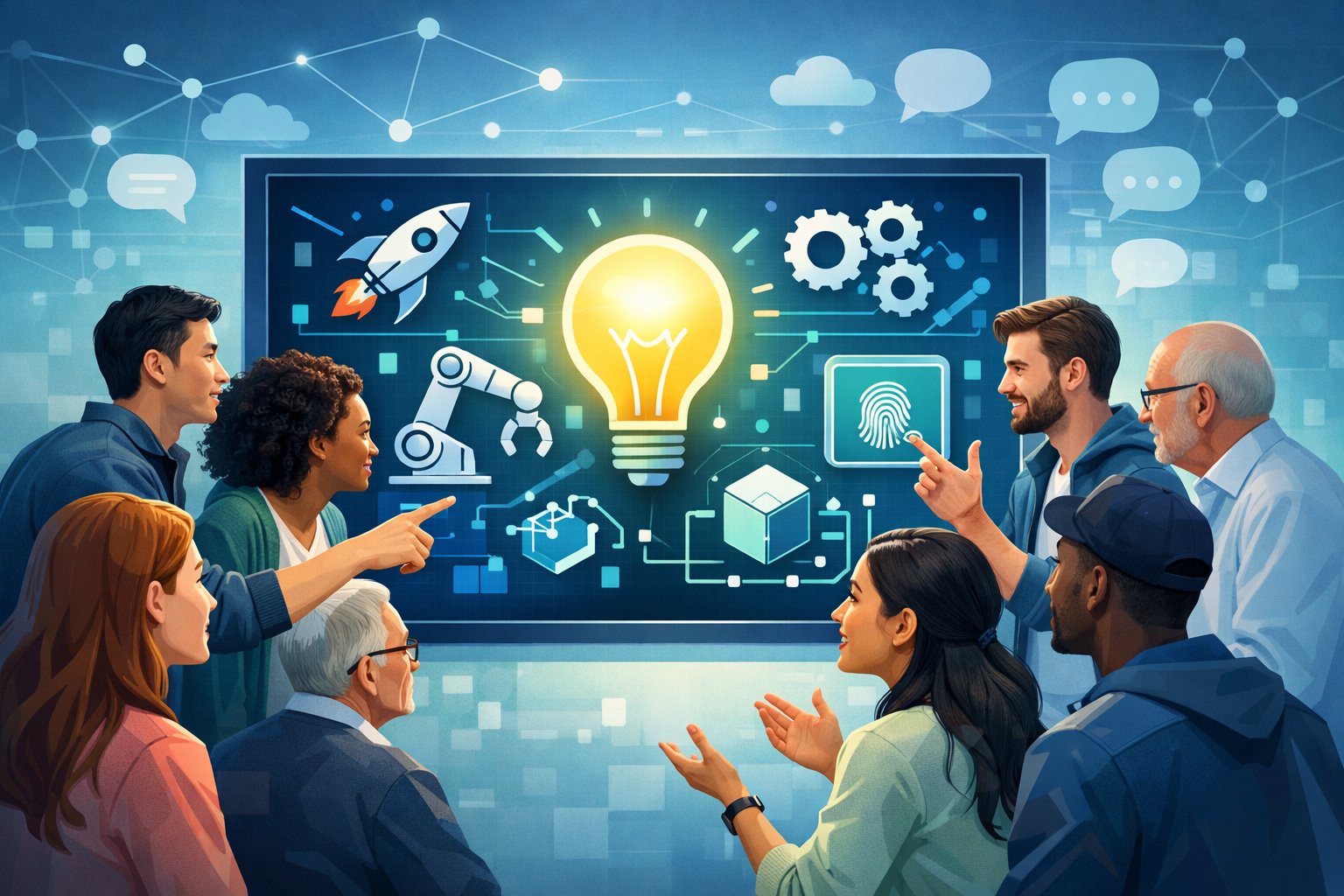 A diverse group of people gathered around a large digital screen showing icons representing technology and innovation, engaging and discussing ideas together.