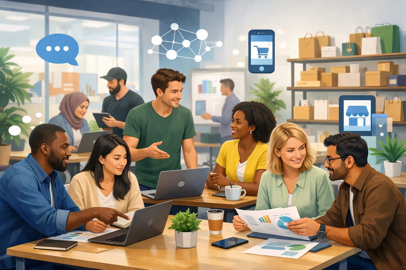 A group of diverse ecommerce brand owners working together in a bright coworking space with digital icons representing online communities around them.