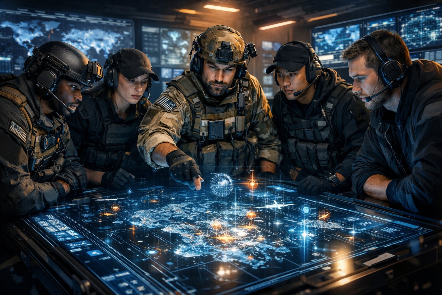 A group of elite operators in tactical gear working together around a high-tech digital table in a modern command center.