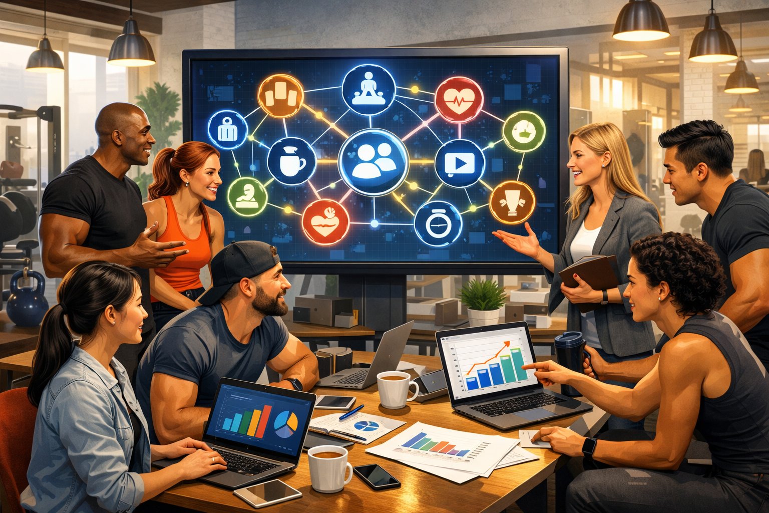 A group of fitness professionals collaborating around a digital screen showing interconnected community icons in a modern coworking space with workout equipment.