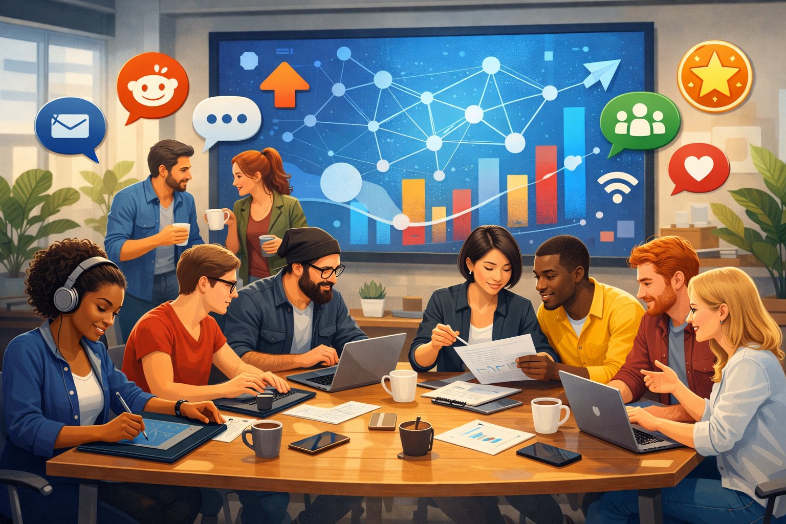 A group of freelancers working together in a bright office with laptops and tablets, surrounded by icons representing online communities and collaboration.