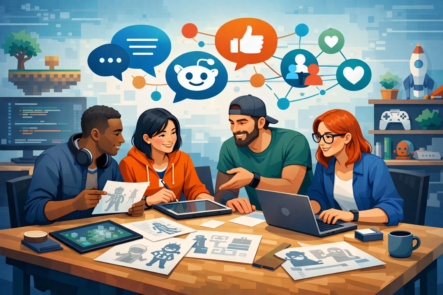 A group of game developers working together around a table with laptops and sketches, surrounded by floating icons representing online communities and game development.