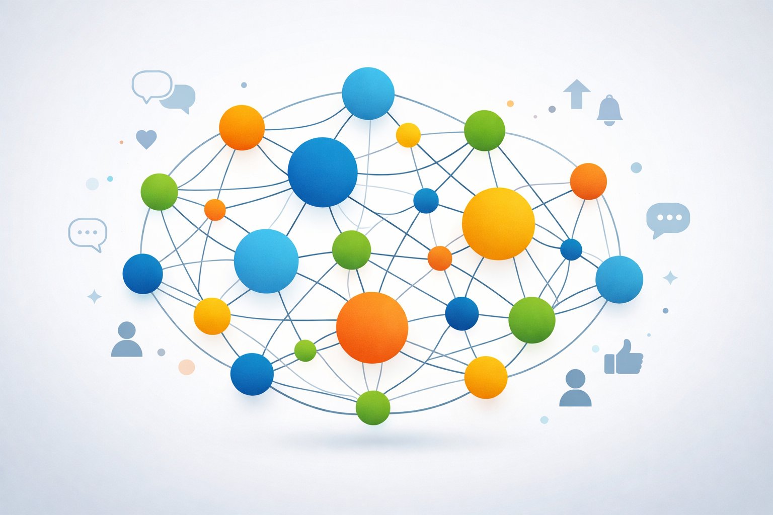 An illustration of interconnected colorful circles linked by lines, symbolizing a network of online communities and growth.