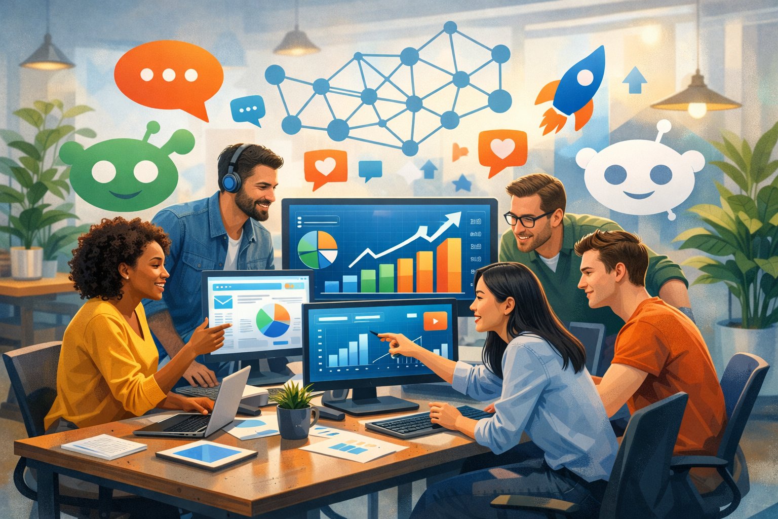 A group of marketers working together around a desk with computer screens showing graphs and social media icons, surrounded by abstract symbols representing online communities.
