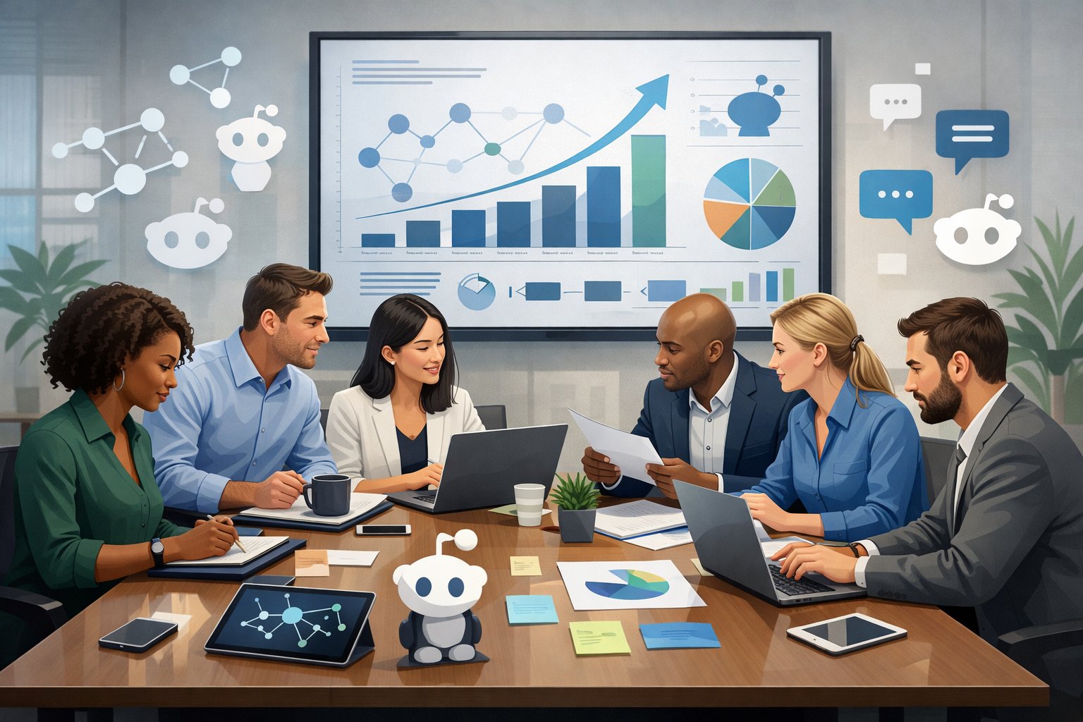 A group of professionals collaborating around a table with laptops and charts in a modern office, surrounded by abstract icons representing online communities and networking.