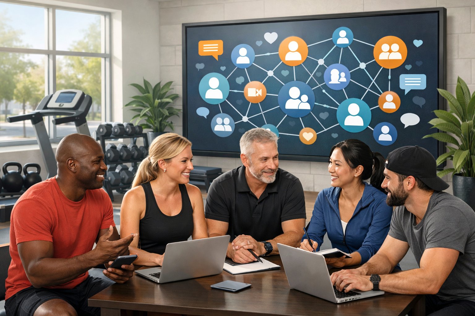 A group of gym owners gathered around a digital screen with gym equipment in the background, engaging in discussion and using electronic devices.