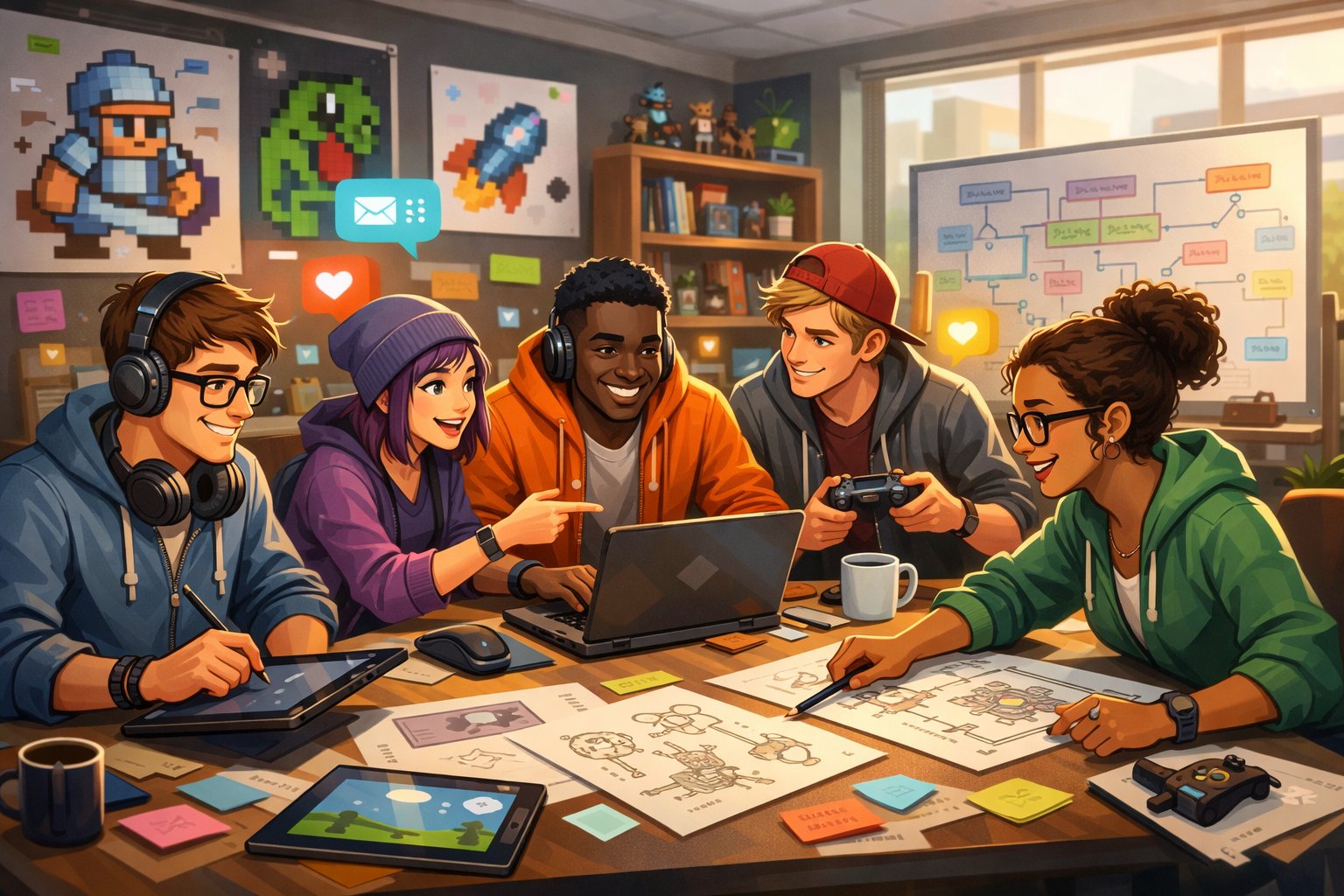 A group of indie game developers collaborating around a table with laptops and game sketches in a bright office filled with game-related decorations.