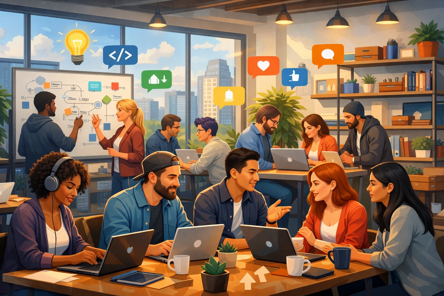 A group of diverse people working together in a modern office, collaborating on laptops and whiteboards with digital symbols representing online community interaction.