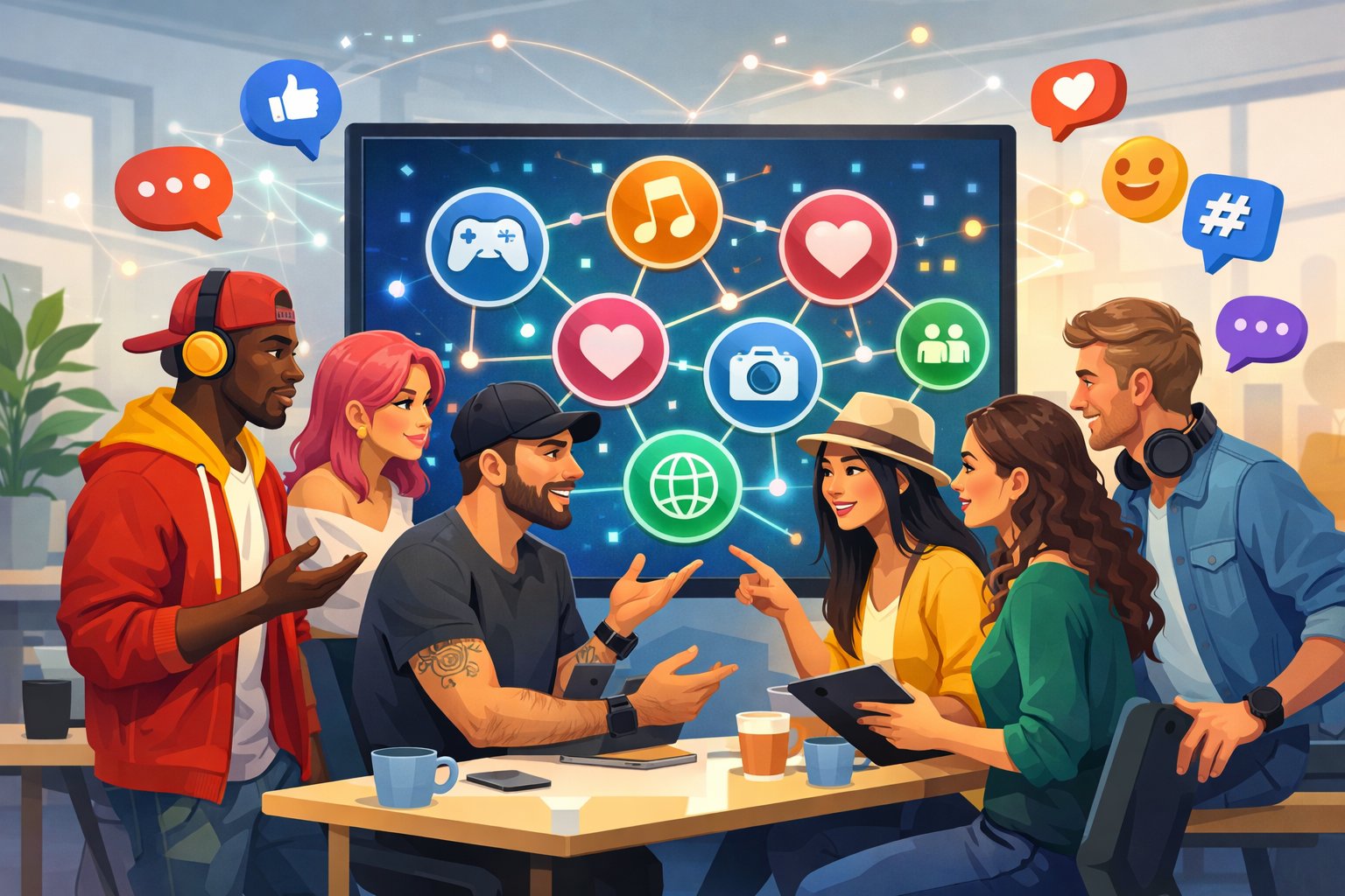 A group of diverse social media influencers collaborating around a large digital screen showing interconnected community icons in a modern office setting.