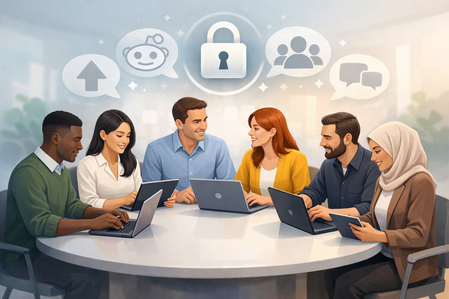 A diverse group of people sitting around a digital table using laptops and tablets, surrounded by abstract icons representing online communities.