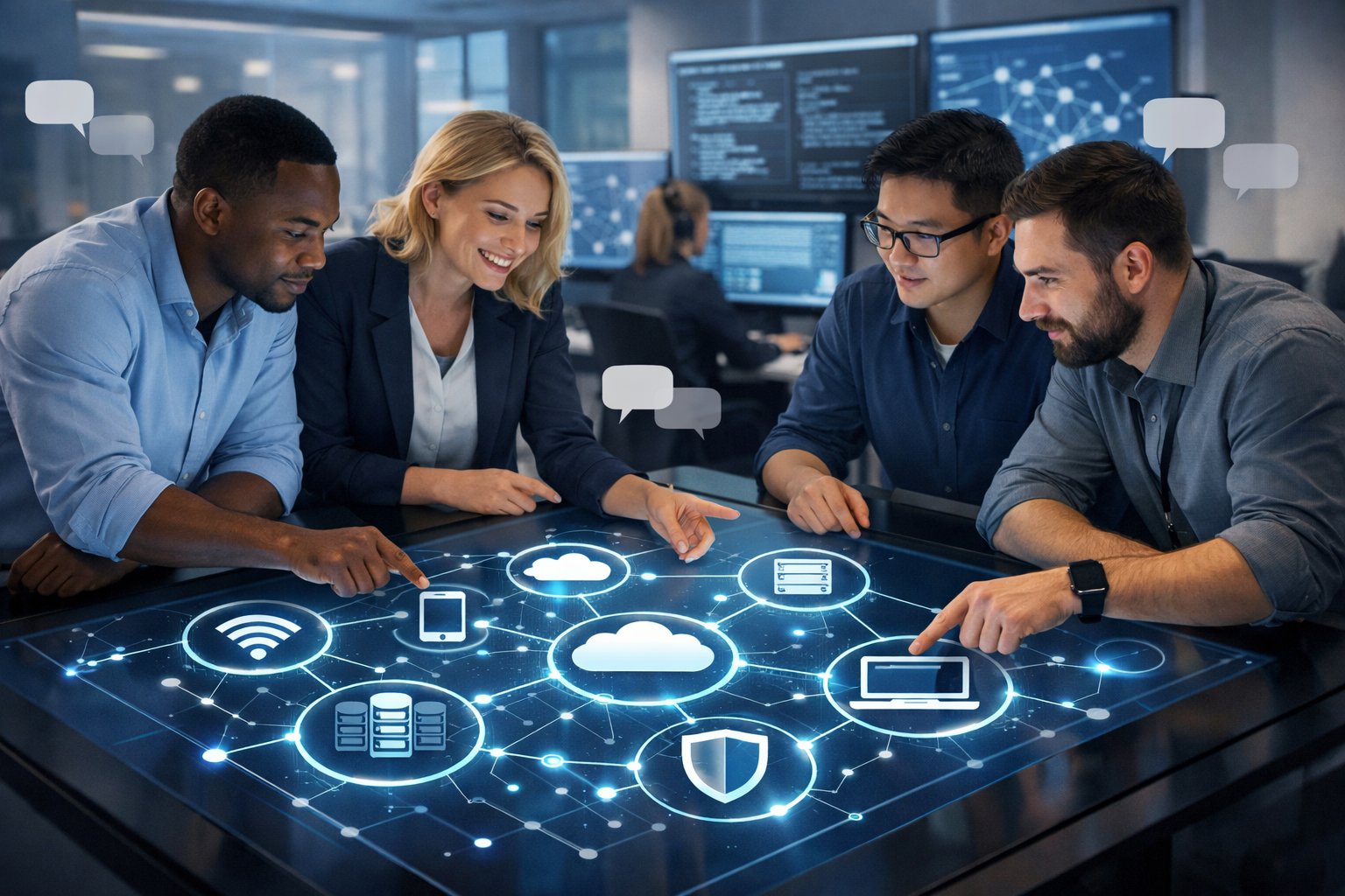 A group of people working together around a digital table with technology icons and computer screens showing graphs and network diagrams in a modern office.