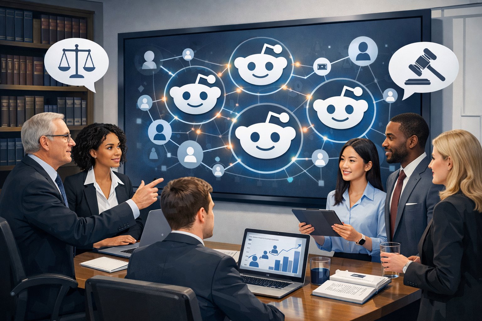 A group of legal professionals collaborating in an office with digital screens showing connected community icons and legal symbols.