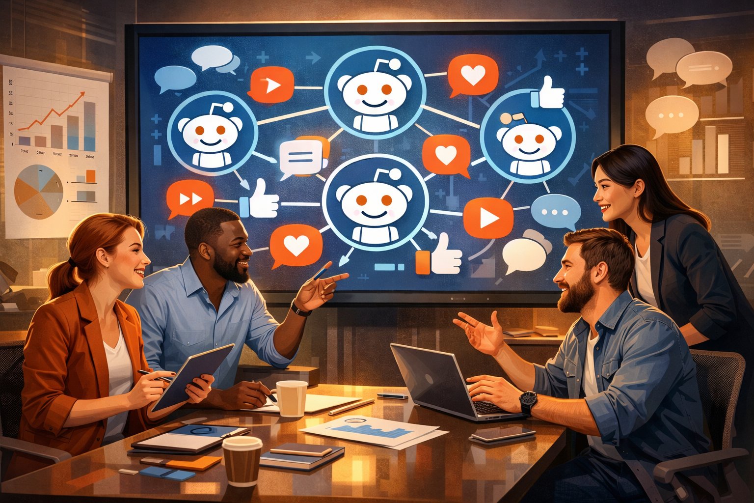 A group of marketing professionals collaborating around a large digital screen showing social media icons and community symbols in a modern office setting.