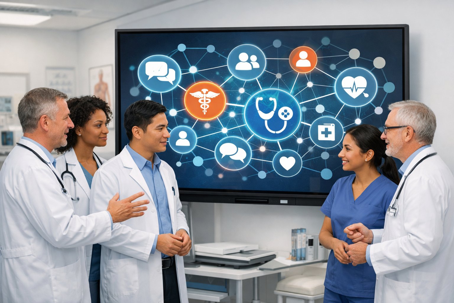 Healthcare professionals collaborating around a digital screen displaying interconnected medical and communication icons in a modern clinic.