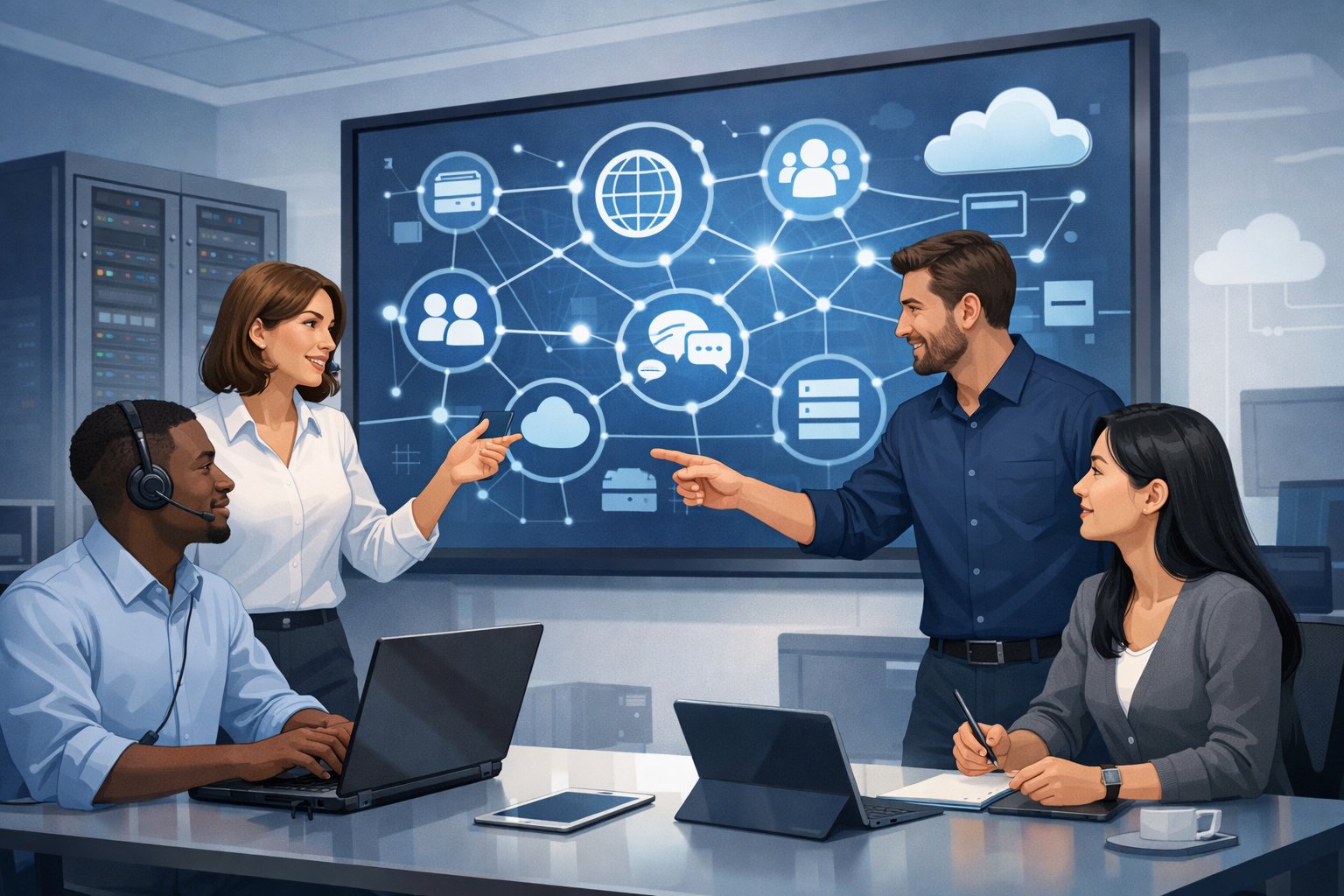 A group of IT professionals collaborating around a large digital screen with technology and network icons in a modern office setting.