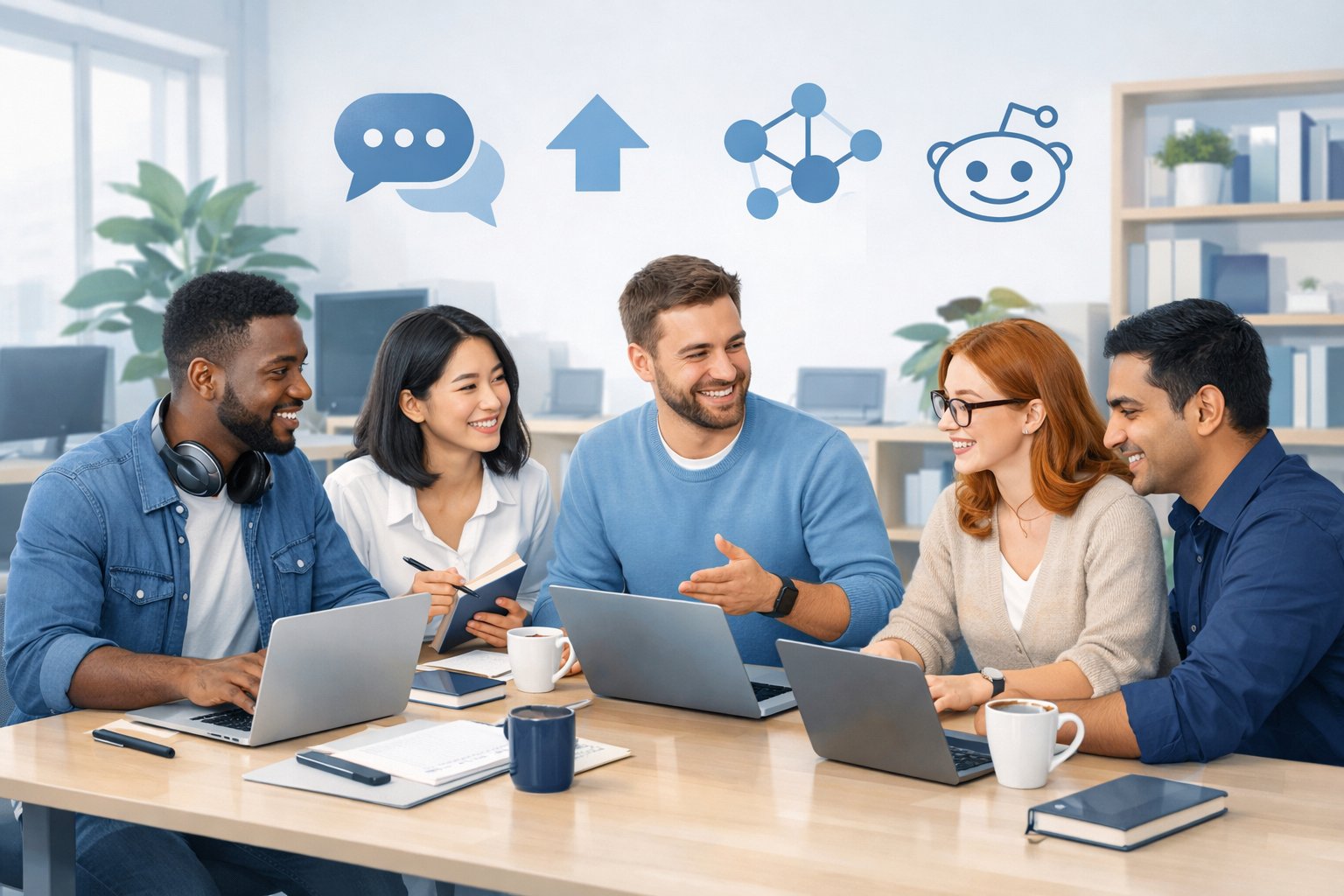 A group of diverse people working together around a table with laptops and coffee in a modern office, surrounded by icons representing online communities.