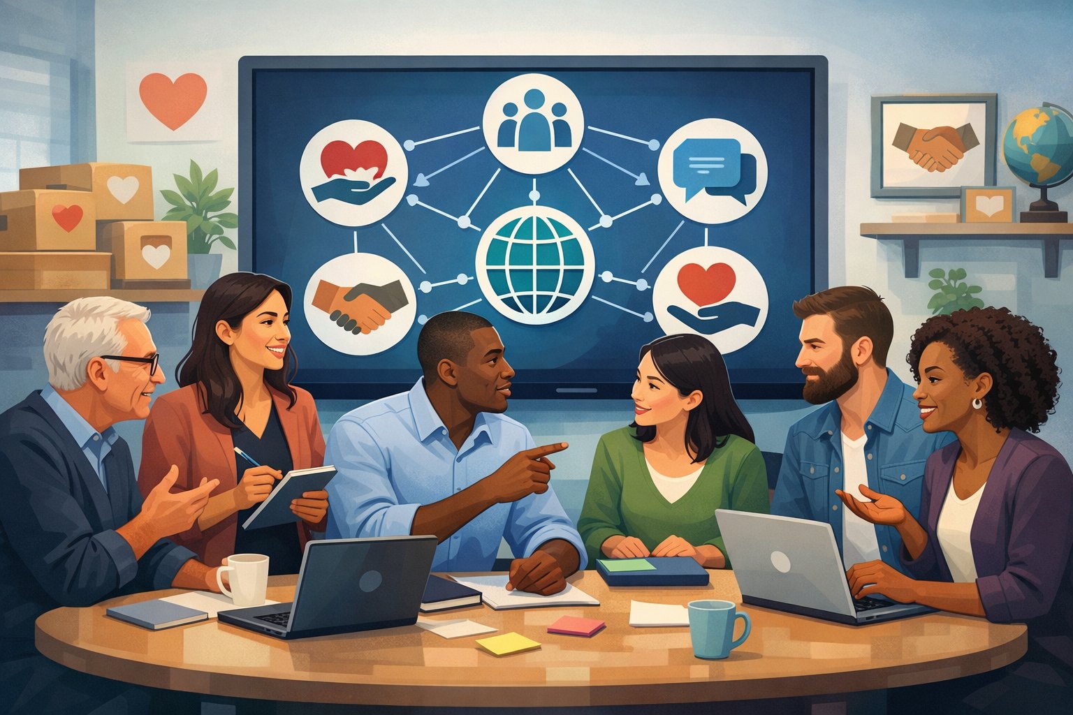 A group of people working together around a large screen showing icons related to community and charity in a modern office setting.